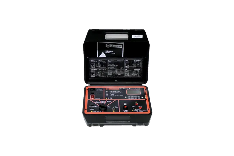 Testeur de machines Beha-Amprobe MT204-S ouvert avec son schéma de raccordement visible dans le couvercle