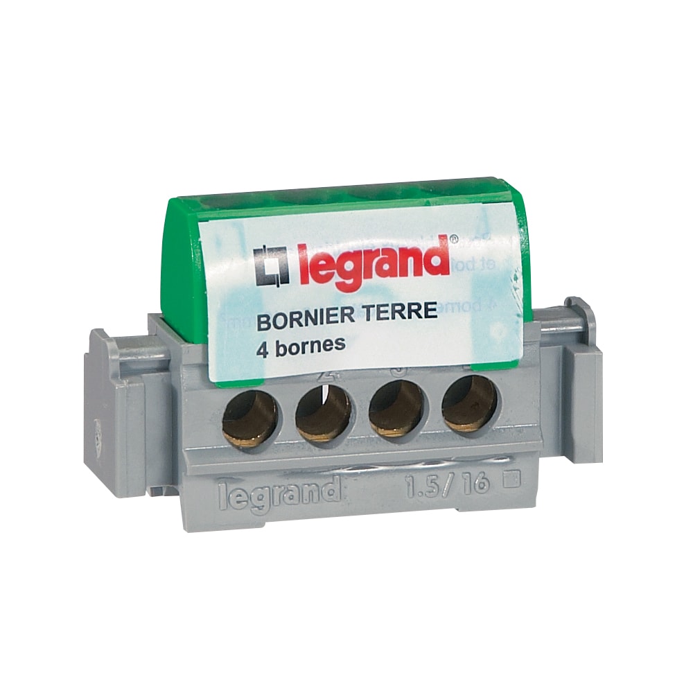 Photo d’un bornier de terre de la marque Legrand à quatre bornes avec son étiquette verte et blanche indiquant le nom du produit.