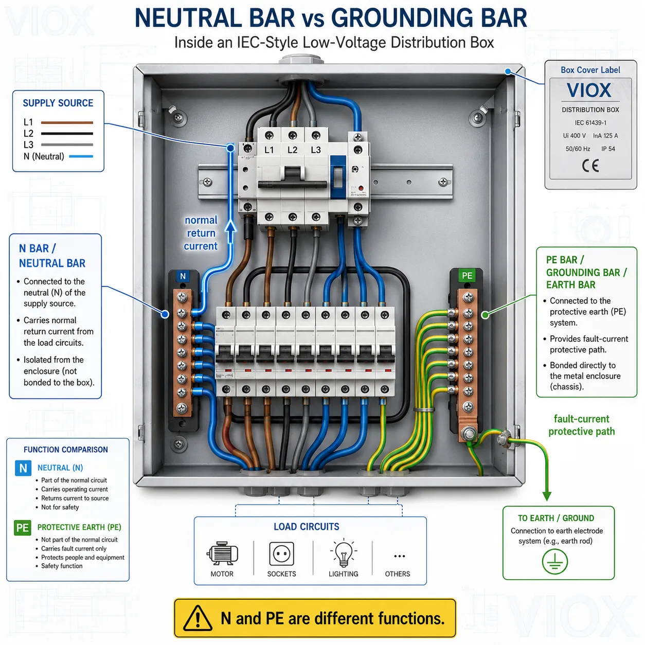 Schéma technique en anglais montrant l’intérieur d’un boîtier de distribution électrique avec une barre de neutre et une barre de terre (PE bar) et leurs connexions.