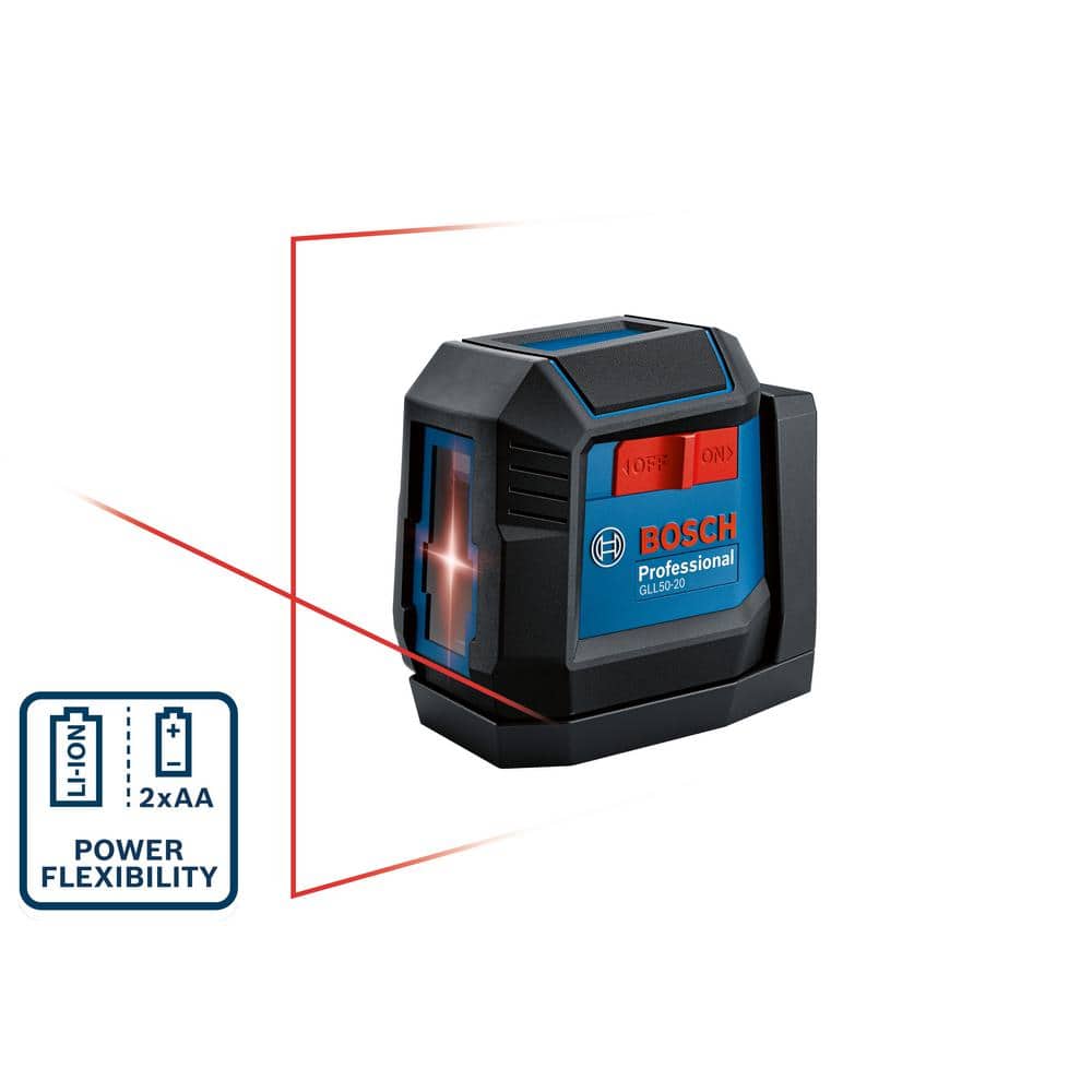 Niveau laser Bosch Professional GLL 50-20 avec indicateur de compatibilité de piles sur fond blanc.