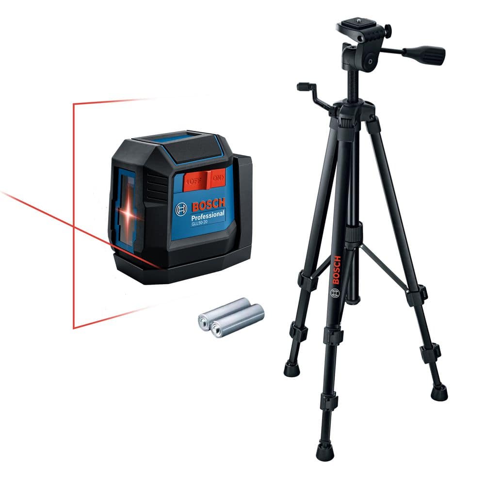 Niveau laser Bosch Professional GLL 50-20 avec trépied et piles sur fond blanc.