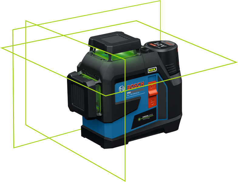 Laser lignes Bosch Professional GLL 12V-100-33 CG avec niveau, sur fond clair