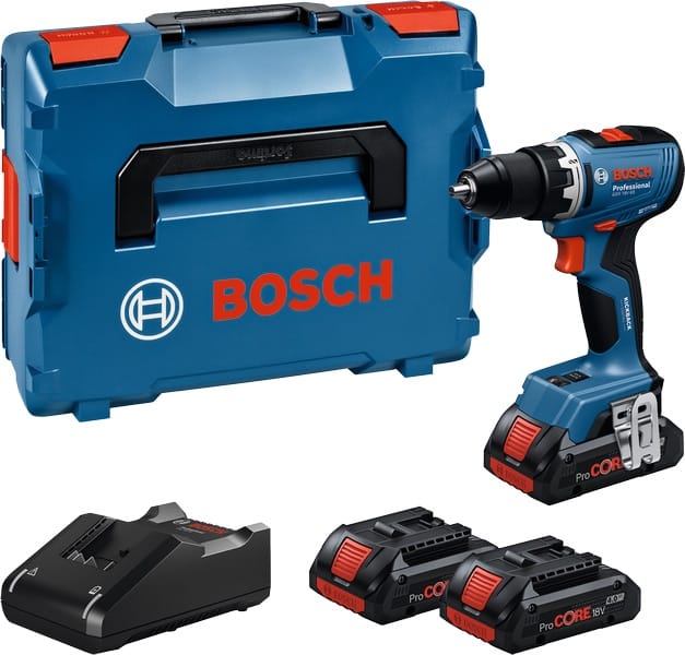 Perceuse-visseuse Bosch Professional GSR 18V-65 accompagnée d’une batterie ProCORE 4 Ah dans son contenu de livraison