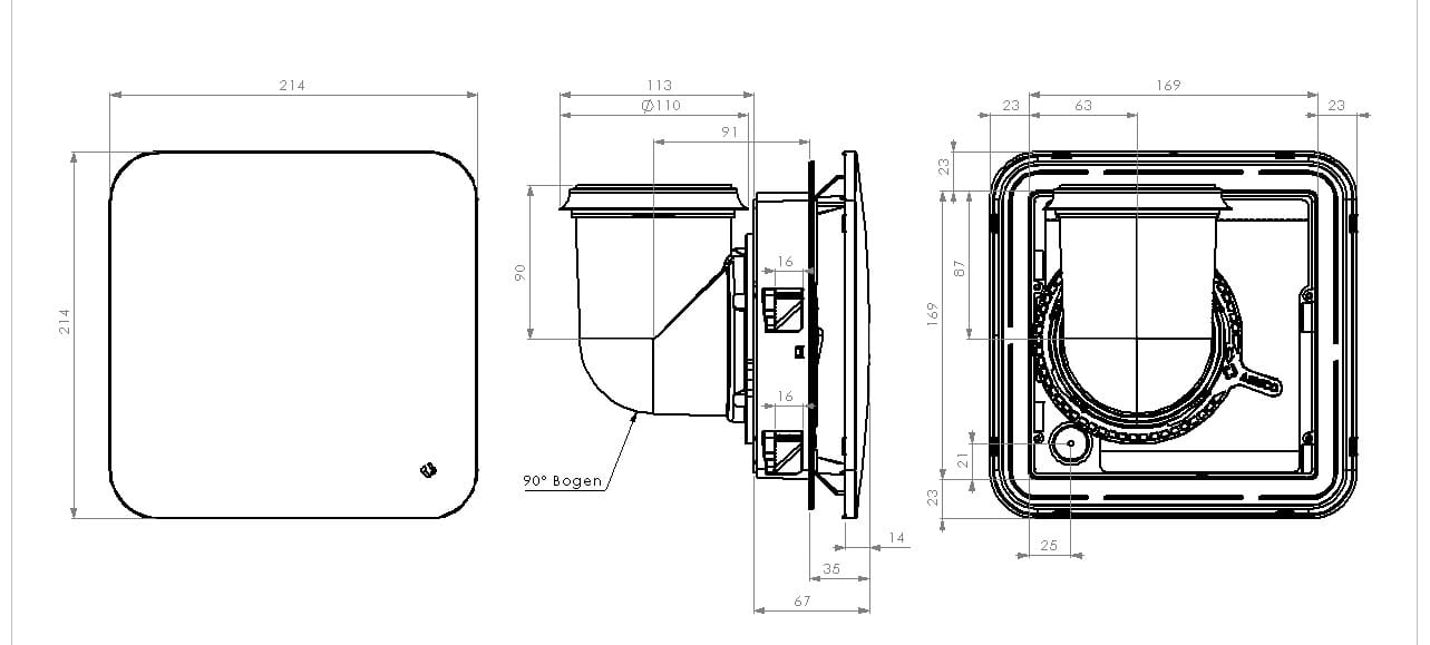 Schéma de dimensions de la bouche Aereco BXC-EC avec coude et raccord Ø100