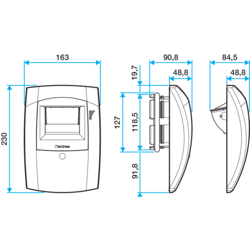 Schéma dimensionnel de bouche Aldes Bahia Curve L avec vues de face et de profil