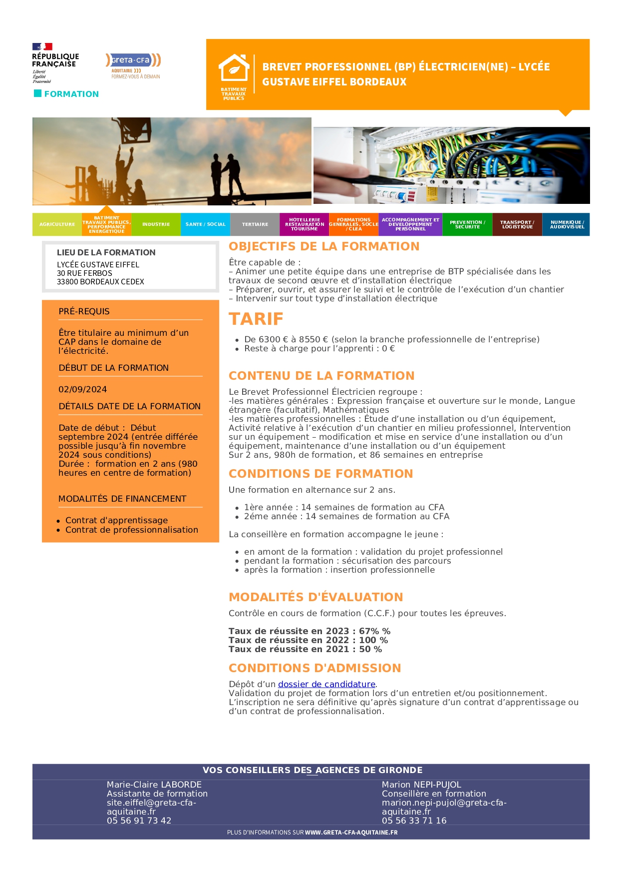 Fiche d'information sur la formation Brevet Professionnel Électricien au Lycée Gustave Eiffel Bordeaux, détaillant objectifs, tarif, contenu et conditions de formation
