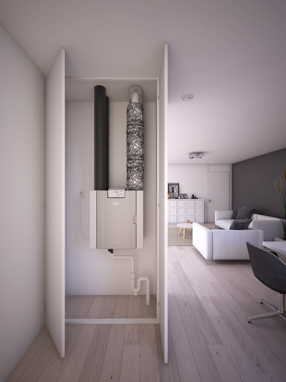Caisson Brink installé dans un placard technique avec gaines raccordées, porte ouverte sur un salon
