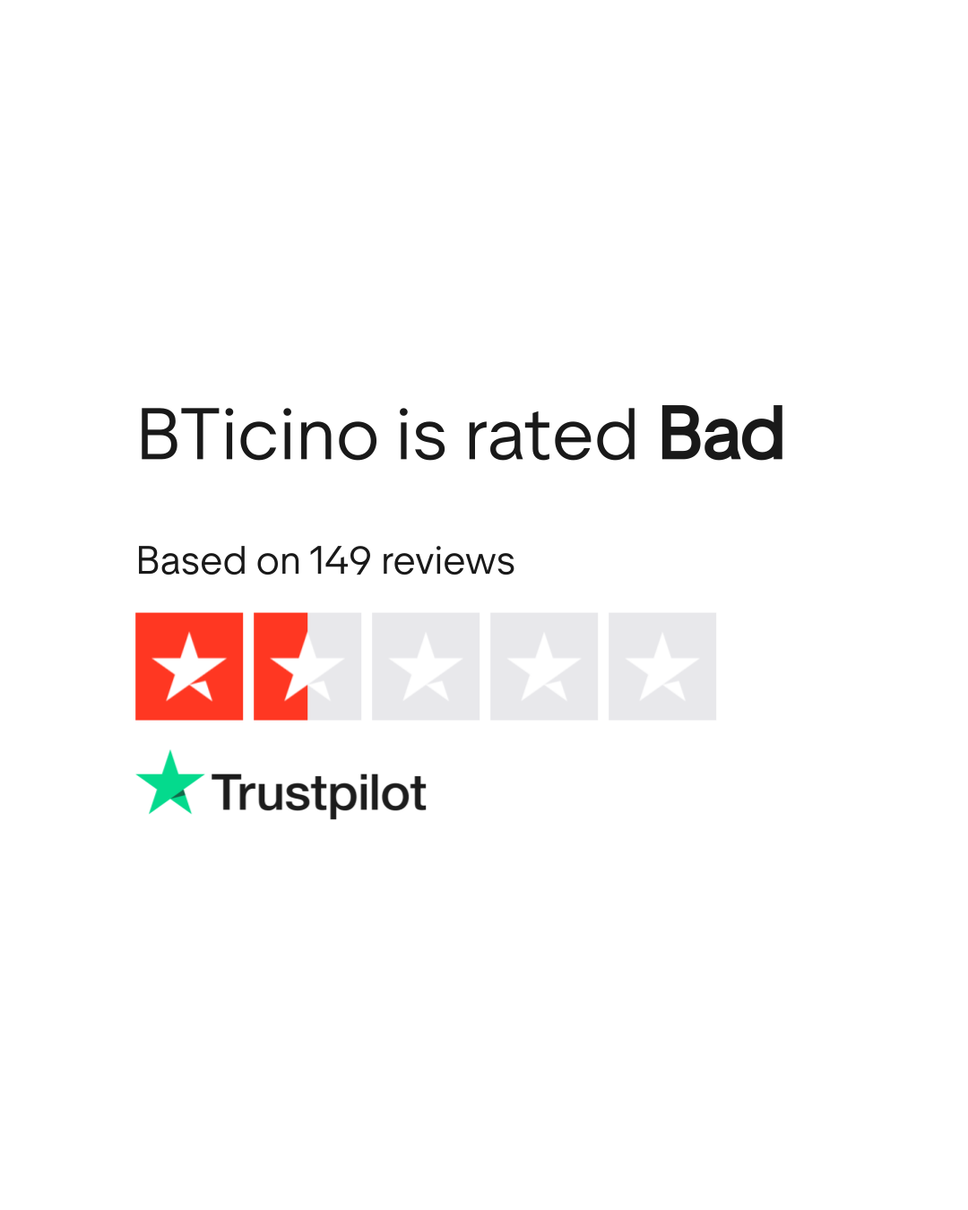 Une capture d’écran d’une note Trustpilot indiquant que Bticino est noté Bad avec 1,5 étoile sur 5 basée sur 149 avis.
