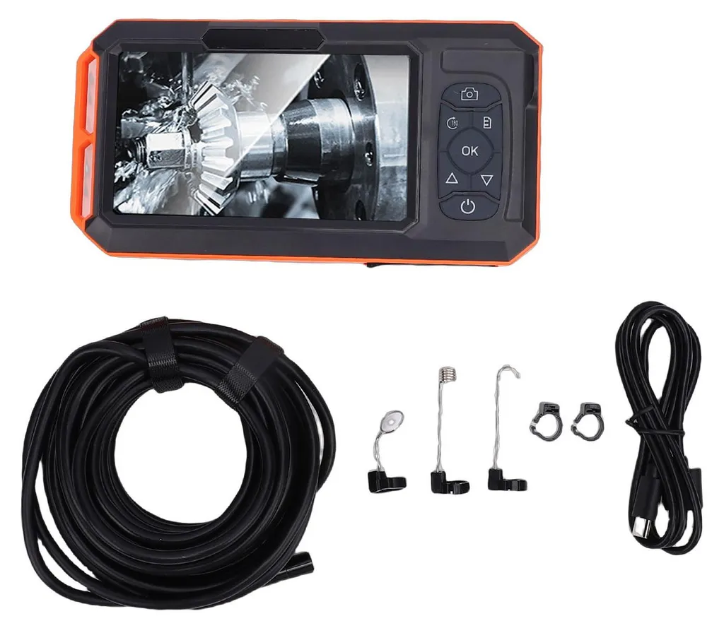 Une caméra endoscopique avec écran à bordure orange affichant des pièces mécaniques, long câble noir enroulé, accessoires d’inspection et câble de connexion.