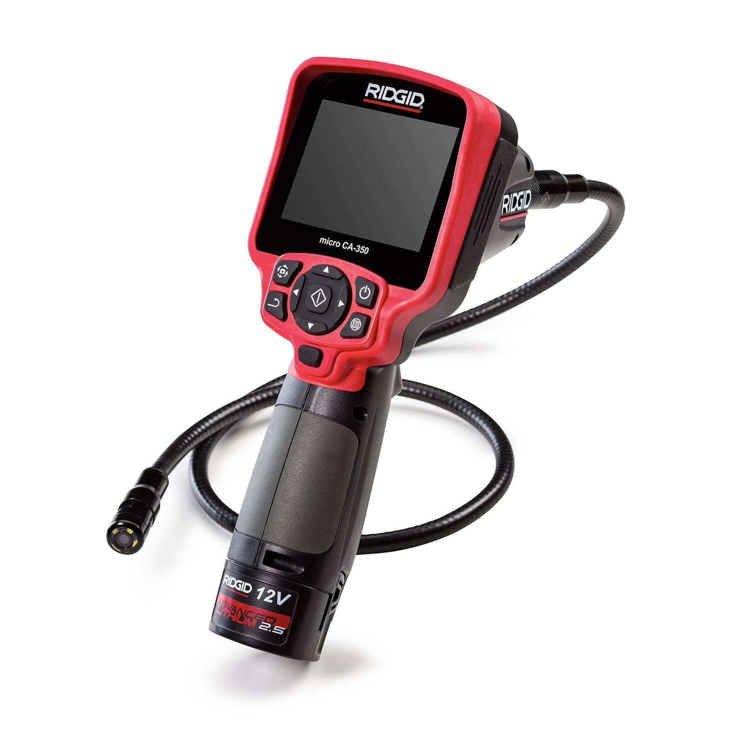Caméra portable Ridgid micro CA-350 avec écran rouge et câble semi-rigide enroulé