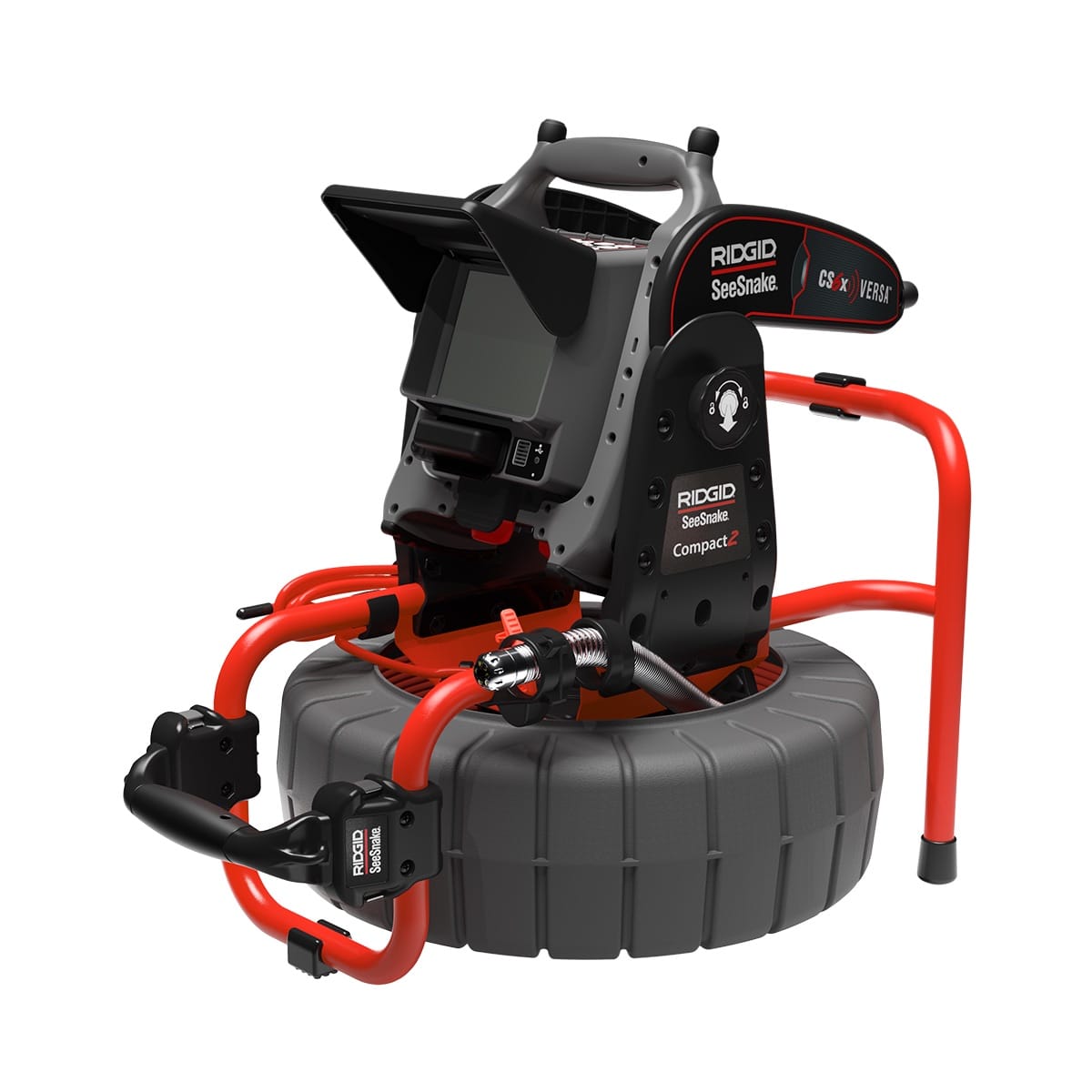 Dévidoir Ridgid SeeSnake Compact2 avec moniteur CSx Versa monté sur le touret rouge et noir
