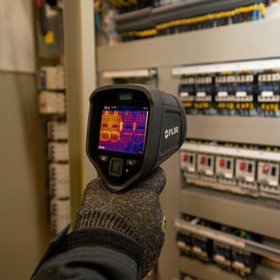 Caméra FLIR E8 Pro devant un tableau électrique ouvert lors d’une inspection thermique