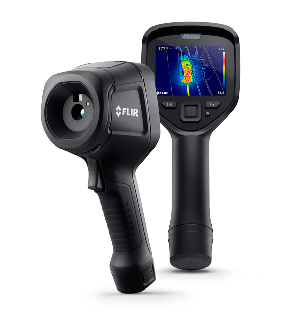 Caméra thermique FLIR E8 Pro vue de face et de dos avec écran thermique