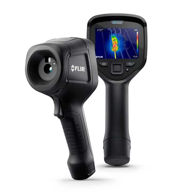 Caméra thermique FLIR E8 Pro vue de face avec son objectif central et vue de dos avec son écran