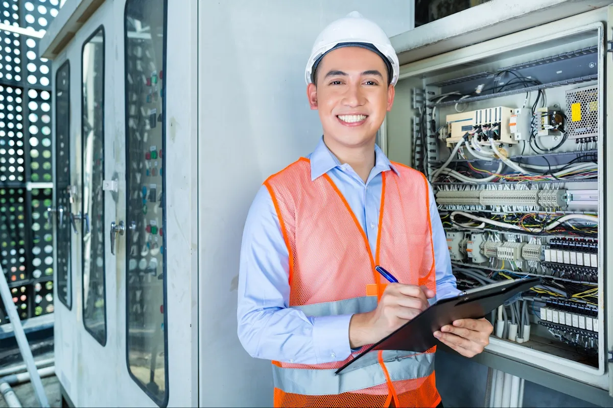 Technicien devant une armoire électrique dans le visuel du secteur électricité Greta CFA Pays de la Loire