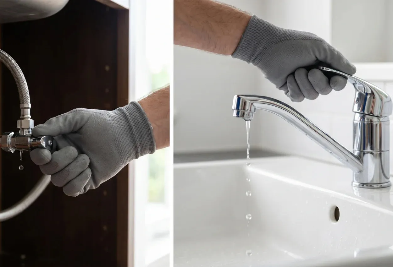 Fermeture de la vanne d'arrêt d'eau sous un évier avant intervention sur le mitigeur