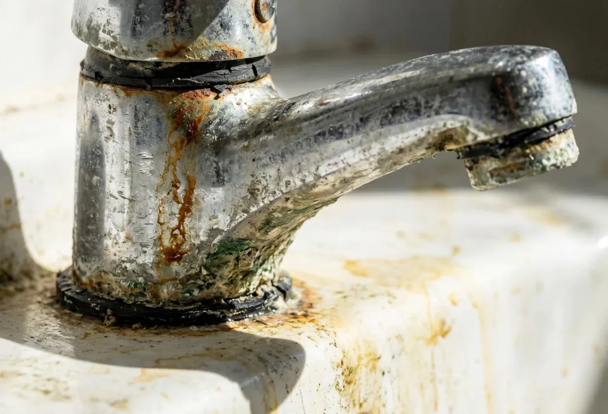 Mitigeur ancien avec calcaire et corrosion visible sur le corps