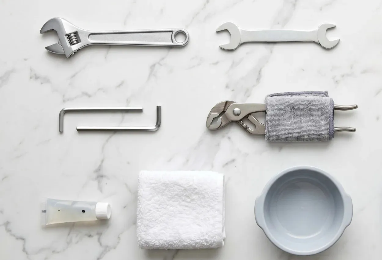 Outils nécessaires au remplacement d'une cartouche de mitigeur : clés, tournevis et pince multiprise