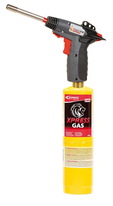 Chalumeau Vulcane Express monté sur sa cartouche de gaz XPRESS GAS jaune, allumage à gâchette