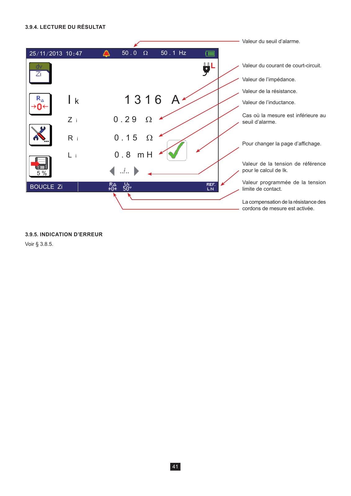 Écran officiel de lecture d une mesure de boucle Zi sur CA 6116N ou CA 6117 avec courant de court circuit, impédance, résistance et inductance