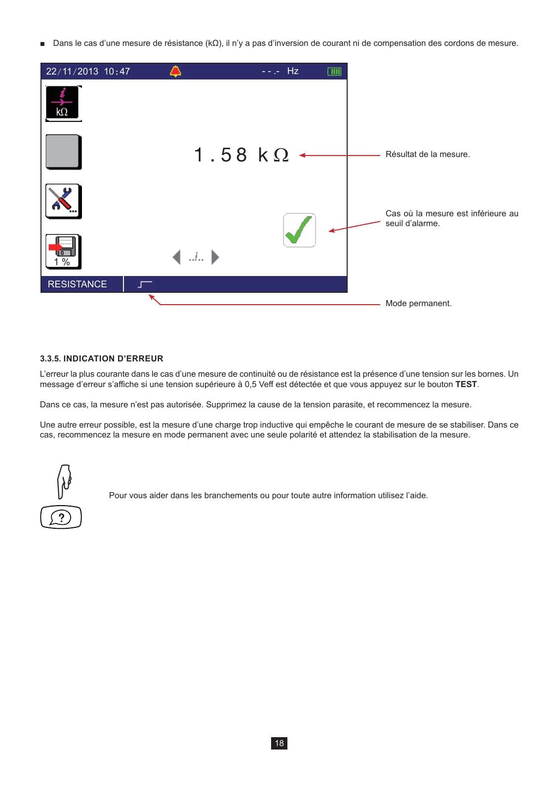Écran officiel de continuité du CA 6116N ou CA 6117 et indication d erreur lorsque la tension présente dépasse 0,5 V efficace