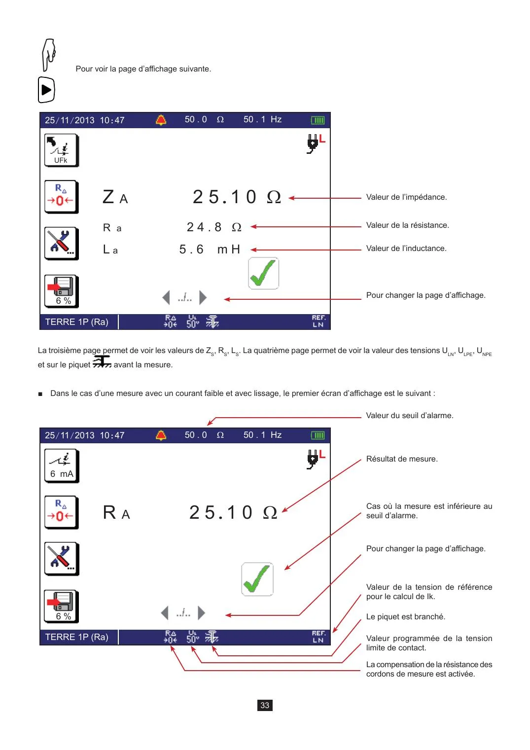 Exemple officiel d'écran CA 6117 montrant une mesure de terre sous tension et ses valeurs d'impédance