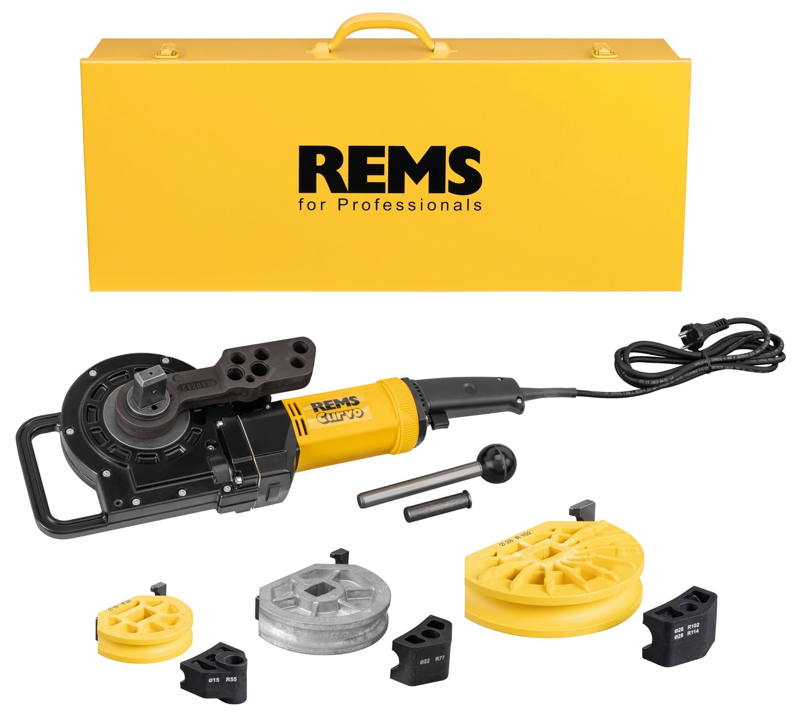 Cintreuse électrique REMS Curvo jaune et noire avec mallette de transport et jeu de formes de cintrage
