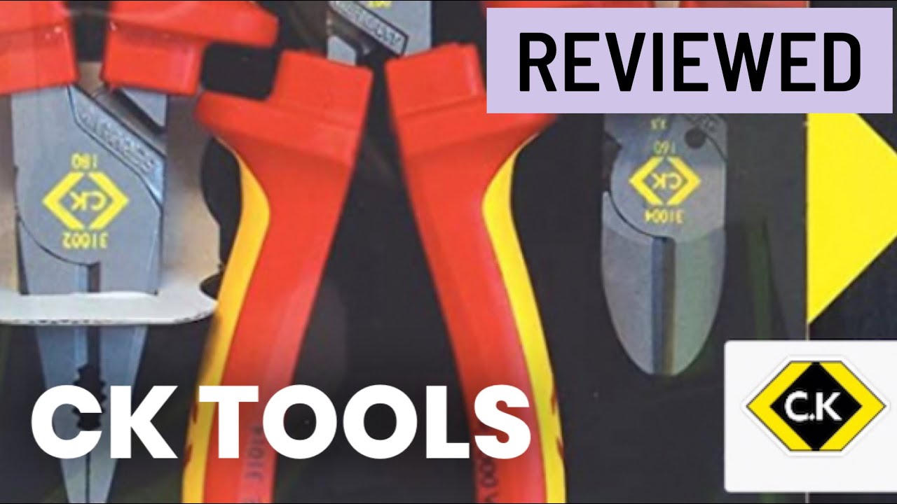 Image promotionnelle avec le texte CK TOOLS et REVIEWED superposés à des pinces à manches rouges et jaunes arborant le logo C.K.