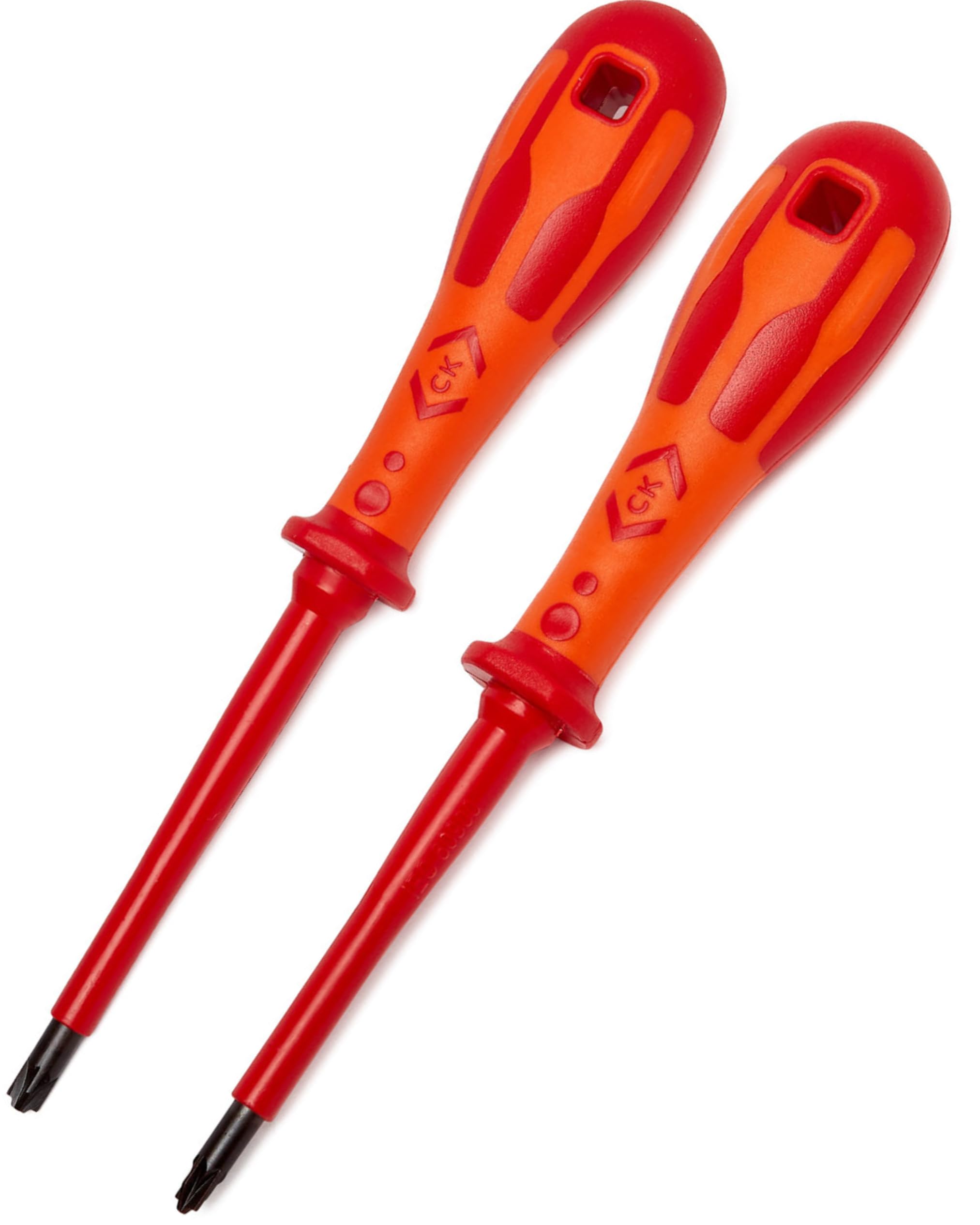 Deux tournevis à manches orange et rouge avec tiges rouges et embouts noirs, logo CK visible sur les manches