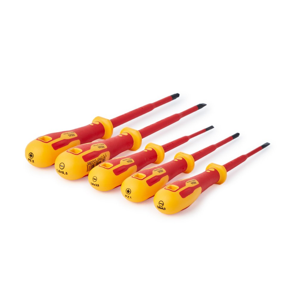 Cinq tournevis C.K Tools alignés avec manches jaunes et rouges, tiges rouges et embouts noirs, avec inscriptions de tailles sur les manches