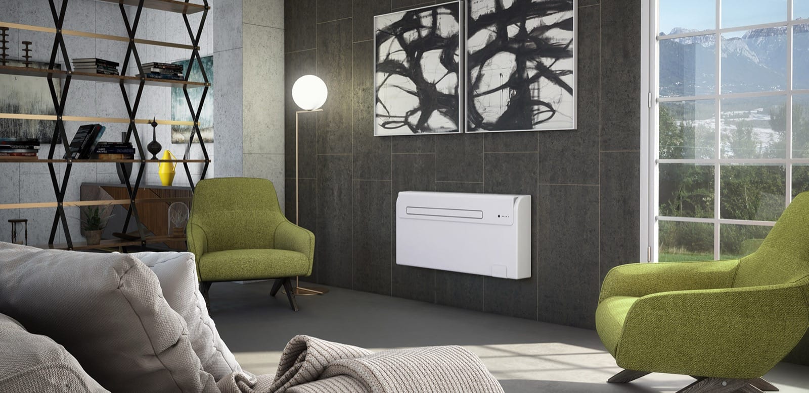 Appareil monobloc mural blanc intégré dans un séjour moderne devant une grande baie vitrée