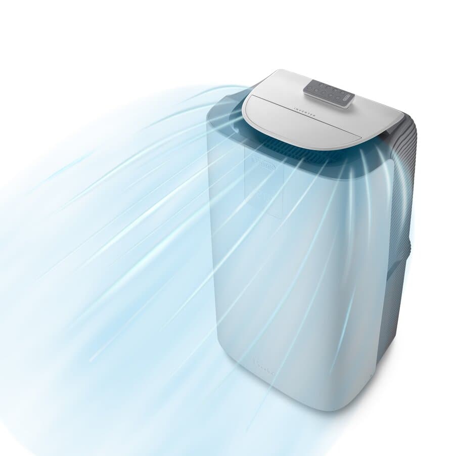 Climatiseur mobile De’Longhi Pinguino GentleJet avec la sortie d’air orientée visible