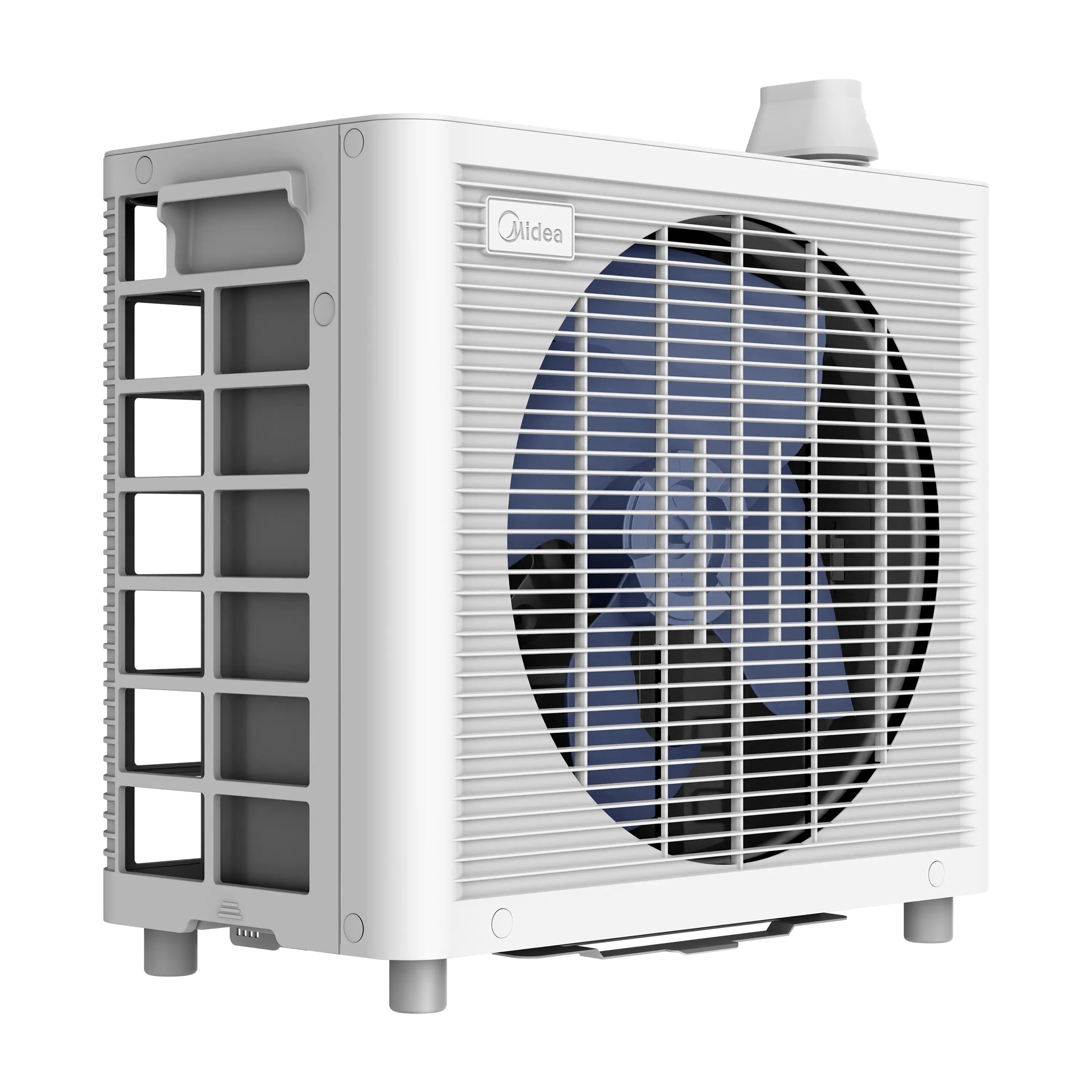 Unité extérieure Midea PortaSplit blanche avec grille de ventilation et ventilateur