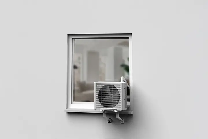 Échangeur extérieur Midea PortaSplit posé sur un support à une fenêtre