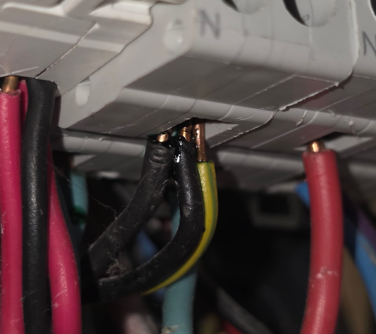 Borne de connexion à vis d'un disjoncteur modulaire avec plusieurs fils raccordés