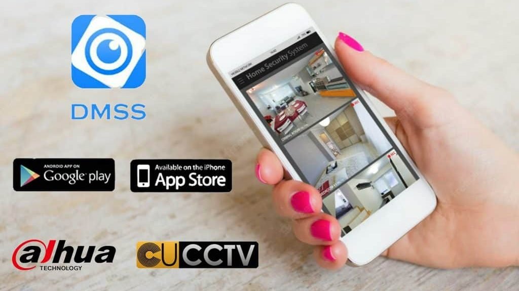Une main tient un smartphone affichant l’application DMSS de surveillance vidéo, avec les logos DMSS, Dahua Technology, Google Play et App Store visibles.