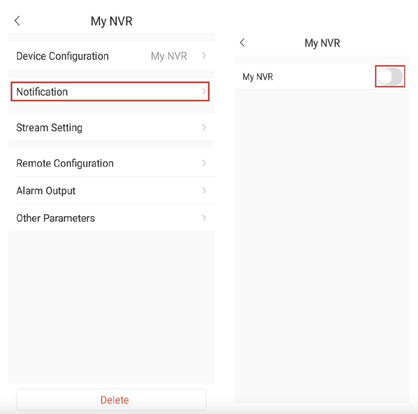 Deux captures d’écran de l’application montrant le menu My NVR avec l’option Notification encadrée en rouge et un bouton toggle activé.