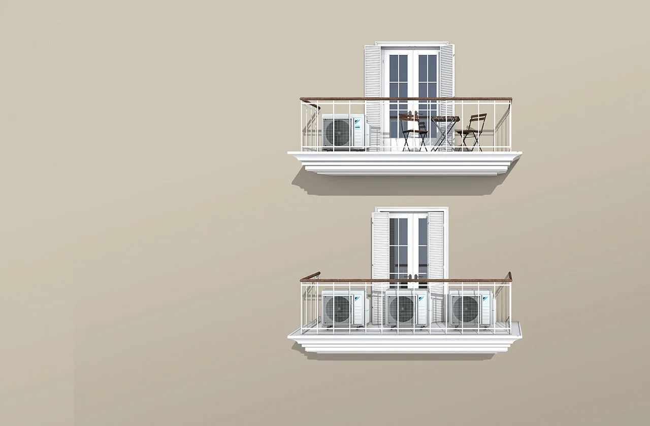 Unités extérieures de climatisation Daikin installées sur des balcons