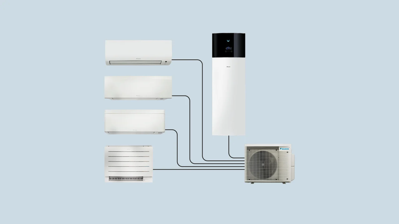 Schéma Daikin d’un système multi-split reliant plusieurs unités intérieures à une unité extérieure