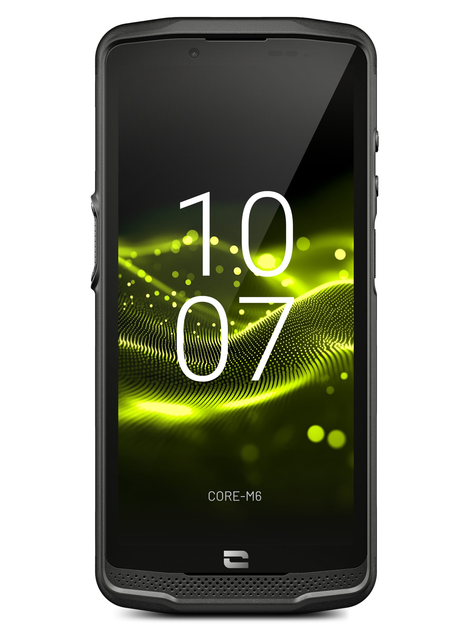 Smartphone noir robuste Crosscall Core-M6 vu de face, affichant l’heure 10:07 sur un fond vert.