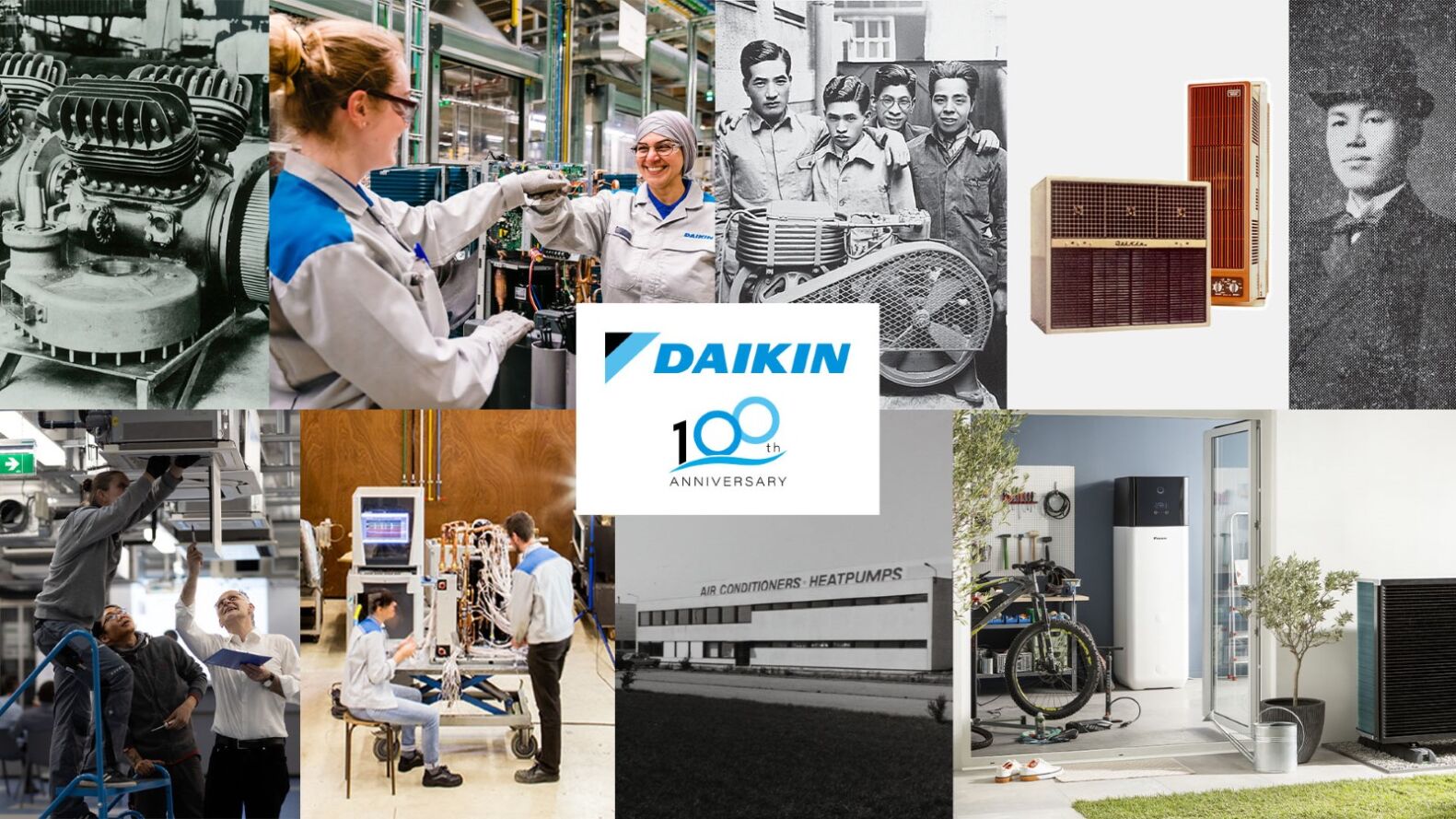 Un collage célébrant le centenaire de la marque Daikin, mêlant des images historiques en noir et blanc d’ouvriers et de machines à des photos couleur d’installations techniques et de produits récents autour du logo 100th Anniversary.