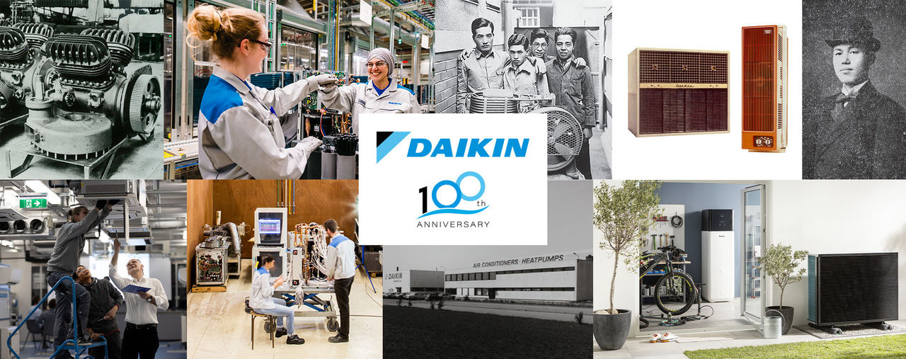 Une bannière commémorative du 100e anniversaire de Daikin composée d’un collage de photos montrant des machines anciennes, des employés en usine, des climatiseurs vintage et modernes, ainsi que le logo de l’anniversaire.