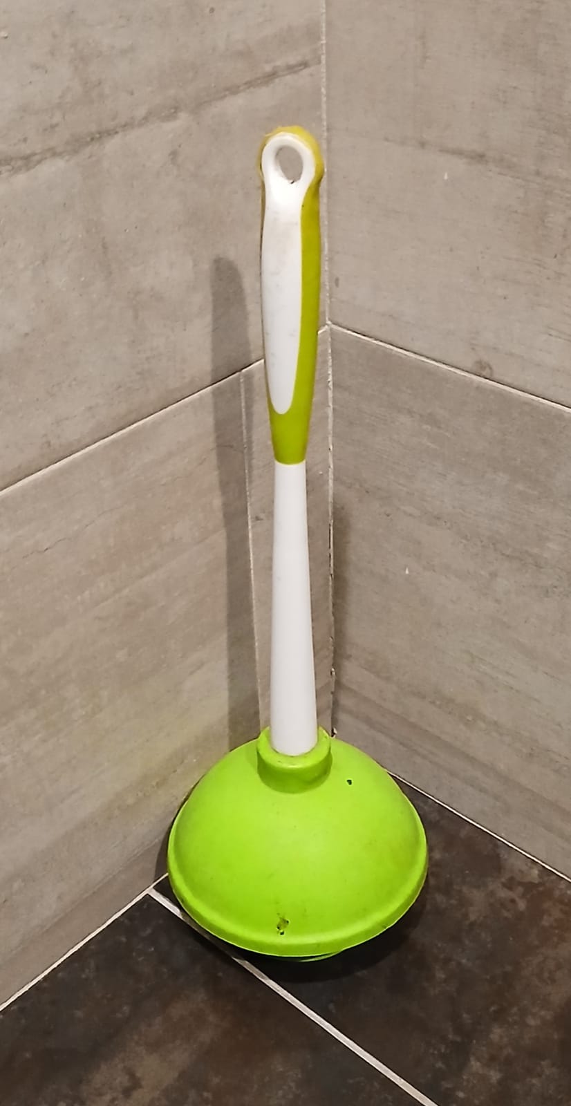 Ventouse verte rangée dans un angle de salle de bains