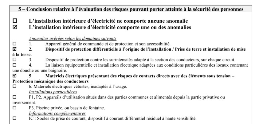 Extrait de rapport de diagnostic électrique officiel signalant des anomalies