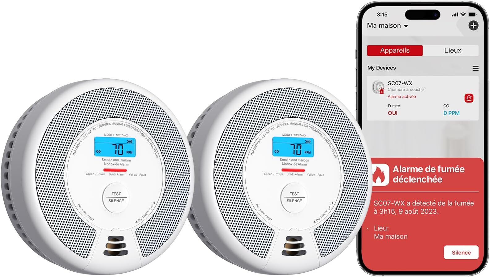 Deux détecteurs X-Sense SC07-WX avec écran LCD affichant 70 PPM et bouton TEST/SILENCE, accompagnés de leur smartphone