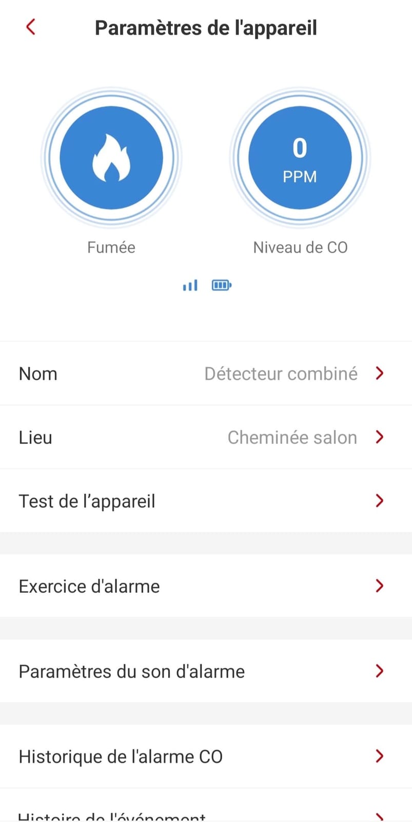 Interface d’application pour détecteur de fumée connecté