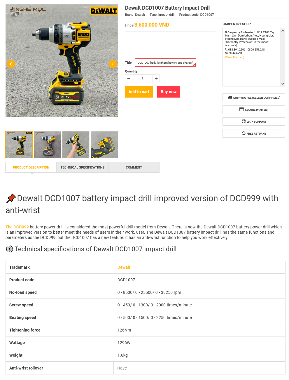 Capture d’écran d’une page web présentant les caractéristiques techniques et le prix d’une perceuse à percussion DeWalt DCD1007.