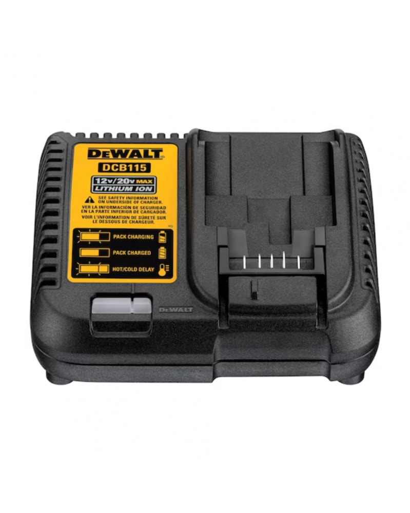 Un chargeur de batterie DeWalt DCB115 noir et jaune pour batteries lithium-ion 12V/20V Max.