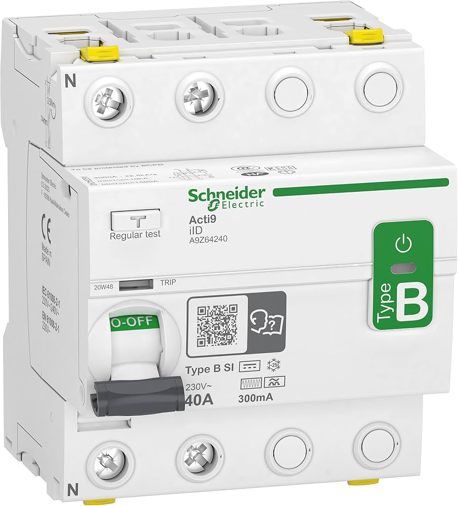 Photographie d’un disjoncteur différentiel de la marque Schneider Electric, gamme Acti9, de type B, 40A et 300mA.