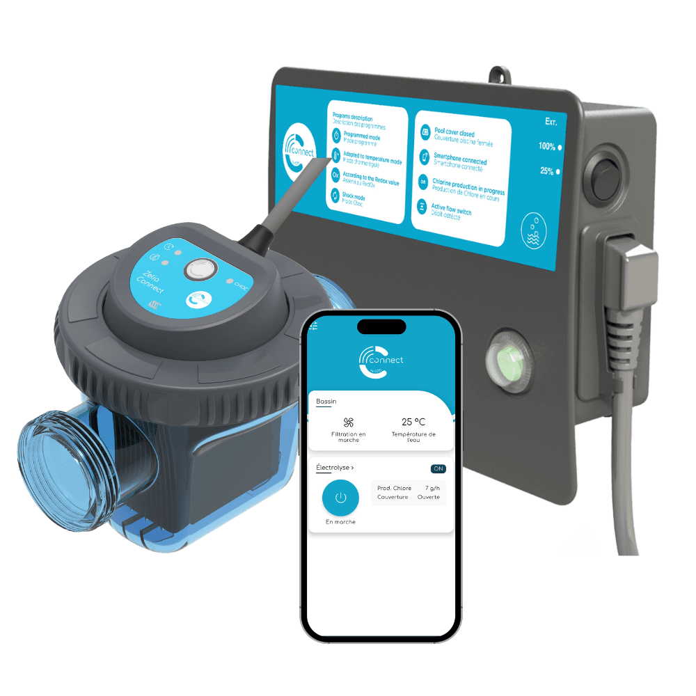 Contrôleur connecté CCEI Zelia Connect avec électrolyseur et application mobile de piscine